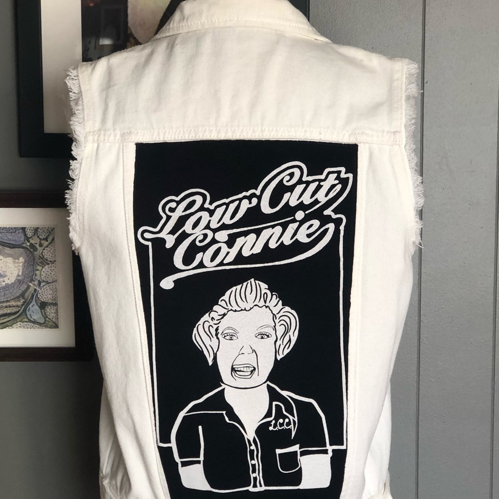 Low Cut Connie Up-Cycled White Denim Vest with Graphic Design Unisex Medium
